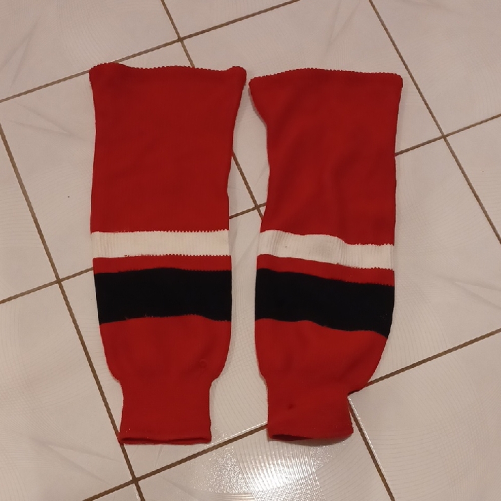 $4 Add-on Red, Black & White Striped Knit Hockey Socks - Size Large